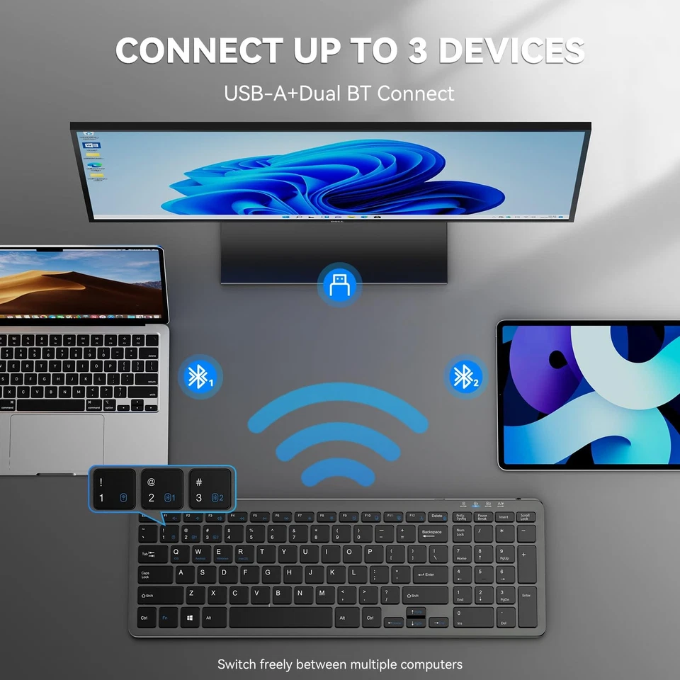 Wireless Bluetooth Keyboard Rechargeable - Ultra Slim 2.4G+BT Keyboard with N... - Image 2 of 4