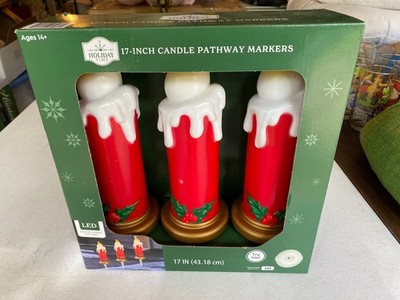 Holiday Time Set of 3 Blow Mold Red Candle 17in Long Pathway Markers 9.5in H LED