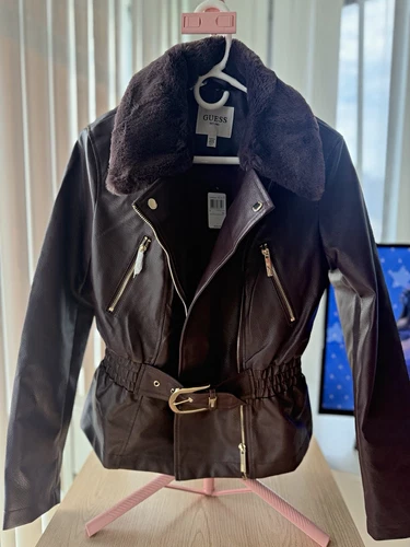 GUESS Women’s Brown Belted Biker Jacket Faux Fur Collar Full Zip Size S - product listing photo