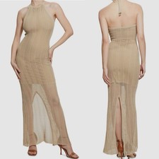 Guess NWT Beige Open Weave Crochet Halter Maxi Sophie Dress M Bodycon Backless