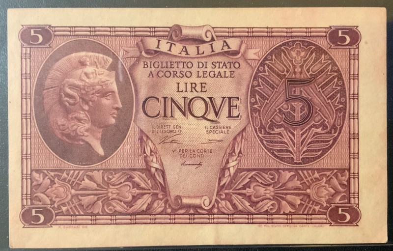 1944 ITALY PAPER MONEY - 5 LIRA BANKNOTE!