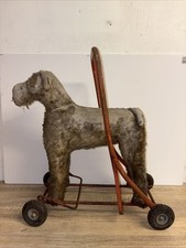 Vintage Antique Straw Filled Fox Terrier Dog Kids Push Along Ride On Toy 1950s