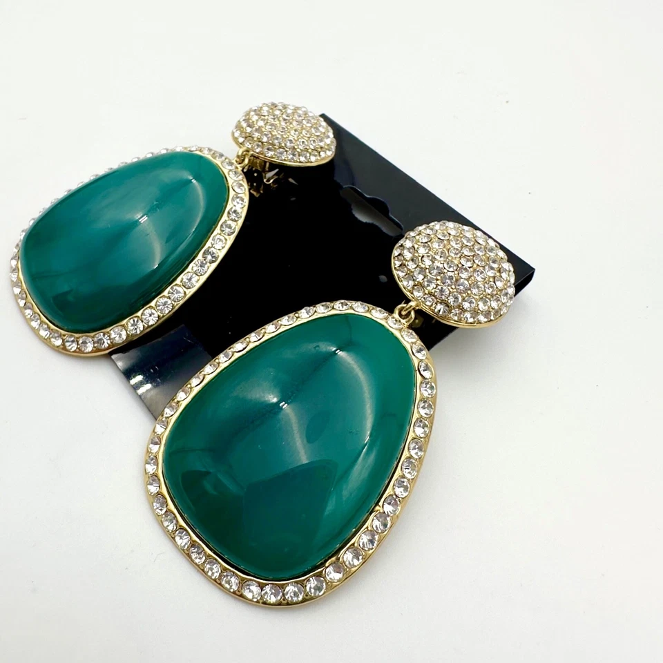 Vtg Brighton Green Glass Earrings Pave Rhinestone Dangle Statement Huge - Image 3 of 4
