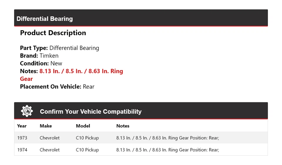 Cojinete diferencial trasero Timken para camioneta Chevrolet C10 1973-1974 Foto 2 de 4