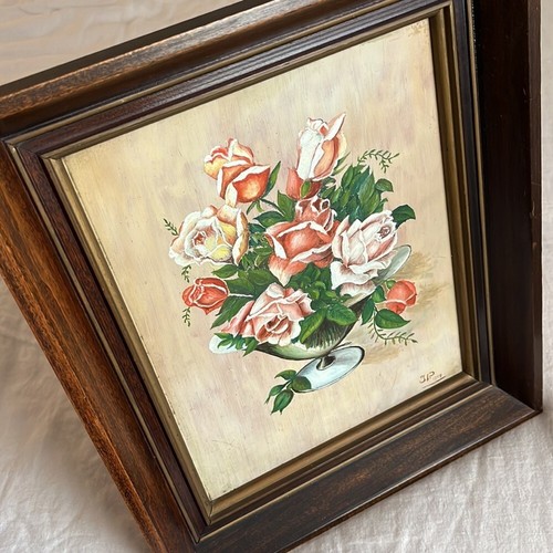c1947 Vintage Oil Painting Bouquet of Roses in Wooden Frame Signed - Picture 14 of 14