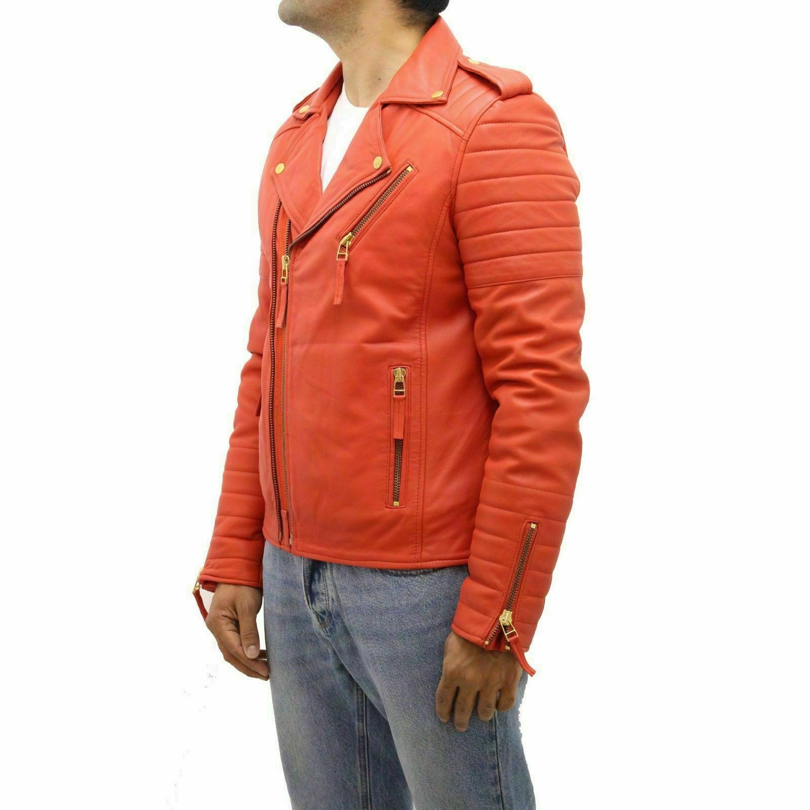 ALTRA Giacca Cappotto Tangy Uomo Vera Pelle d'Agnello Trendy Retro Slim Biker Arancione