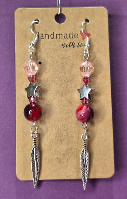 Silver plated drop earrings - Red & pink beads with star and feather accents