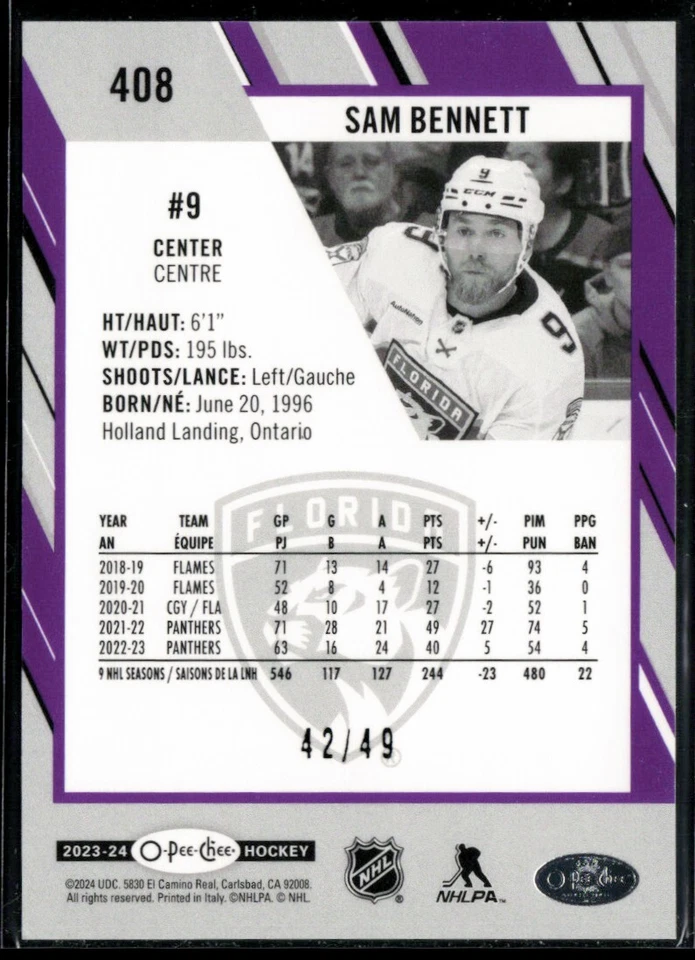 2023-24 O-Pee-Chee Purple #408 Sam Bennett 42/49 - Image 2 of 2