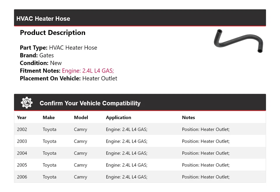Para Toyota Camry 2002-2006 2,4 L L4 gas climatizador manguera calentador puertas de salida 2003 Foto 2 de 4