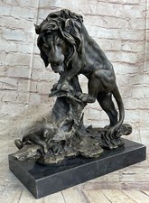Art Deco African Mountain Lion With Cub Sculpture Statue Bronze Figurine  Sale