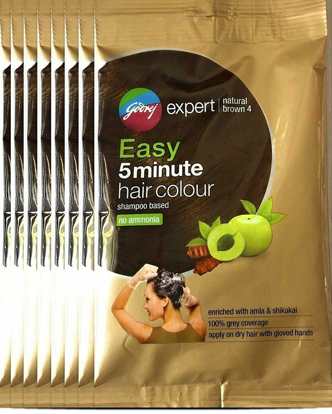 Godrej Expert Easy 5min Shampoo Hair Color,4Natural Brown, Pack of 8