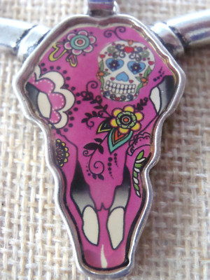 Large Animal Pink Enamel Buffalo Head Skull Pendant Necklace w Silvertone Chain