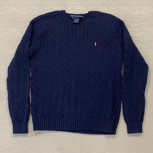 Ralph Lauren Sport Sweater Womens Large Blue Cable Knit Cotton Pink Pony Preppy - Picture 2 of 13