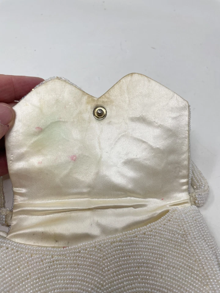 Bolso de noche vintage Walborg con cuentas Japón marfil chevron solapa cartera de boda 7x6 Foto 3 de 4