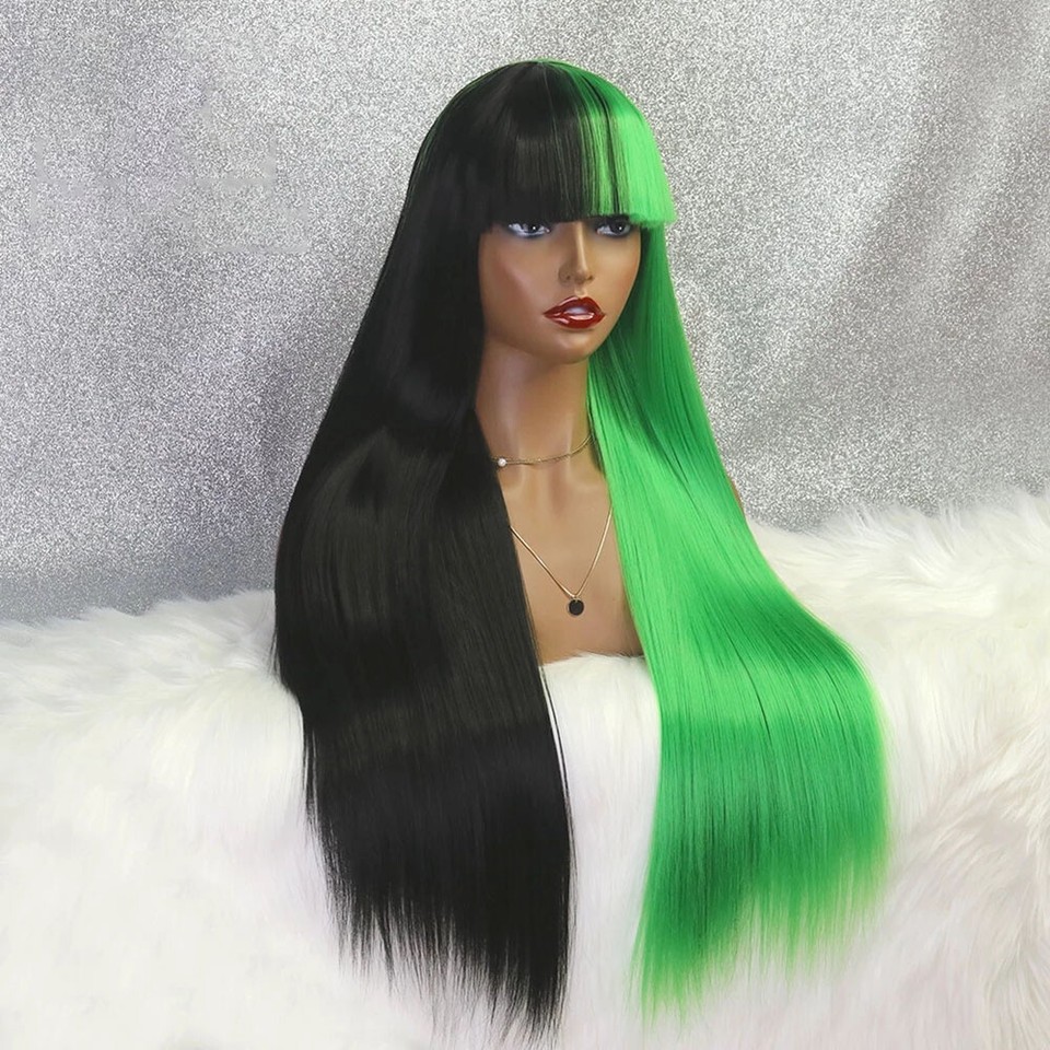 Long Synthetic Half Black Green / Yellow Blue / Orange Straight Wig