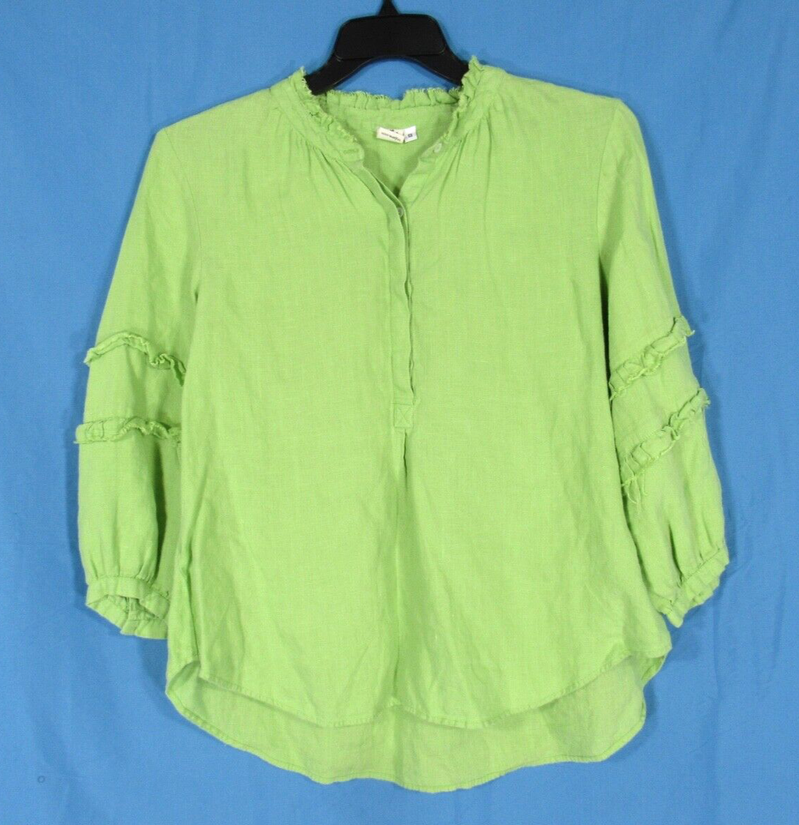 IVY JANE Lime LIGHTWEIGHT LINEN 1/2 Button RUFFLED 3/4 Sleeve LAGENLOOK Top Sz S