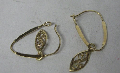 14K SOLID YELLOW GOLD DANGLE FILIGREE HOOP EARWIRE EARRINGS - 第 2/6 張圖片