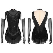 Women Bodysuit Samba Outfits Dance Costume Rumba Leotard ChaCha Mock Neck 2Pcs