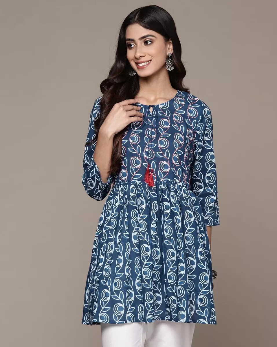 Muslin Kurti Design in Royal Blue Floral Print | Anarkali Kurta Design