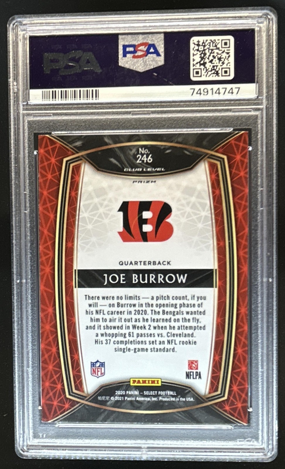 2020 Panini Select Joe Burrow RC Silver Prizm Rookie Club #246 Bengals PSA 10 view 2