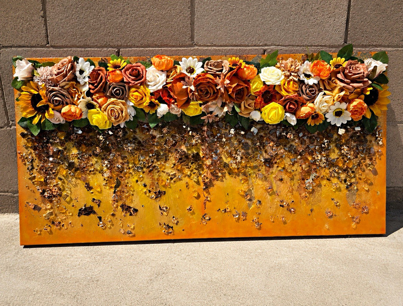 Handmade Floral Wall Hanging Rectangular Panel Sunflower Rose Mixed Flowers