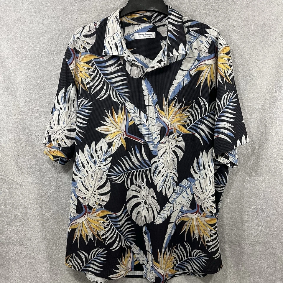 Tommy Bahama Men's Size 2XLT Tall Tropical Leaf Print Poly Blend Hawaiian Shirt - Image 2 of 4