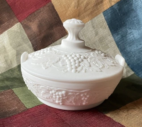 Vintage Imperial Milk Glass 5.5” Candy Dish with Lid Satin Finish Grape Design