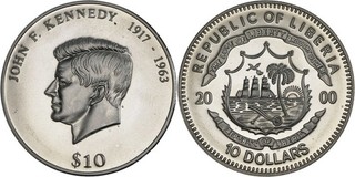 Liberia: 10 Dollars copper nickel 2000 (John F. Kennedy) Proof