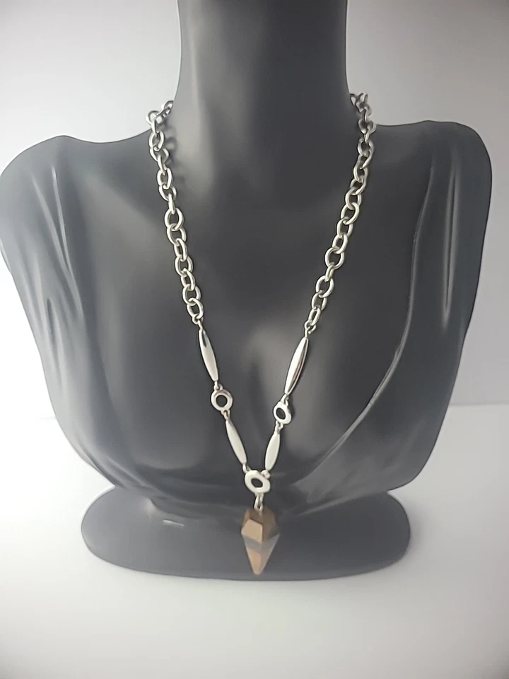 Vintage Lia Sophia Necklace Chain Pendant Pendulum Brown Agate Jewelry Costume - Image 4 of 4