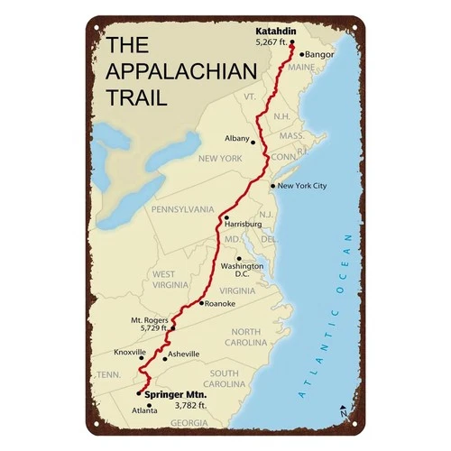 KHOPCHE The Appalachian Trail Map Vintage Metal 12"L x 8"W, Funny Signs 17