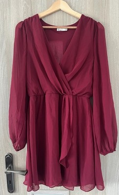 NLY Trend Burgundy Chiffon Mini Dress UK 10 EU 38 Long Sleeve Party Dress