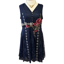 Size L Cristina Women's Navy Lace Mini Dress Floral Embroidery Button Accents