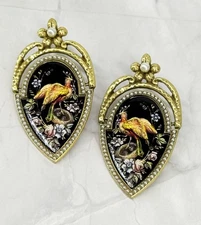 Art Nouveau Revival Enamel Bird Earrings Faux Pearl Florals Victorian Grouse
