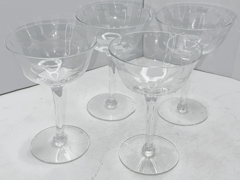 1980s Louie Weston Glass Co. WGL78 Floral Etched Champagne/Tall Sherbet Glasses