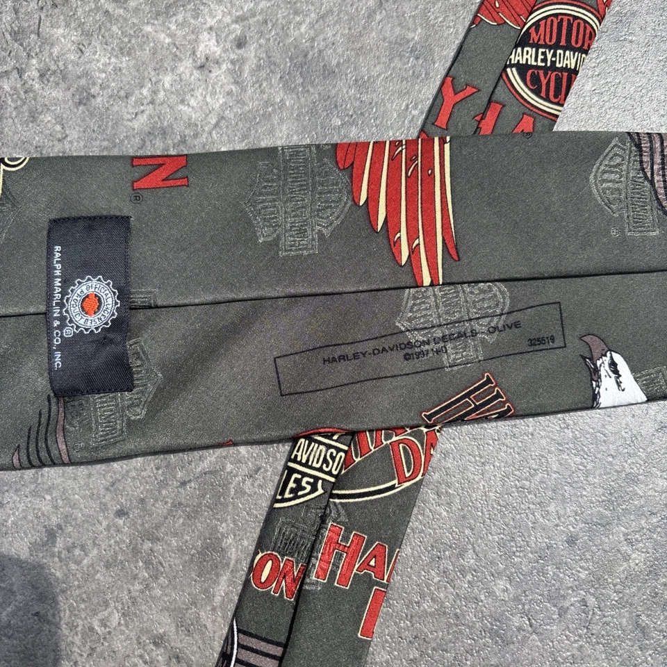 Corbata Harley Davidson Oliva de Ralph Marlin Negra 4" Corbata de Seda EE. UU. De Colección Foto 2 de 4