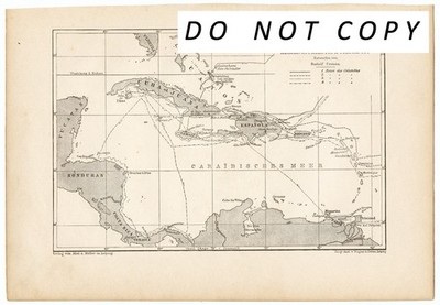 Vintage 1892 Litho Print Map Christopher Columbus Explorations by Rudolf Cronau