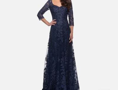 La Femme 28053-NWT-Navy Floral Lace Size 6, Modest MOB/MOG EVENING GOWN