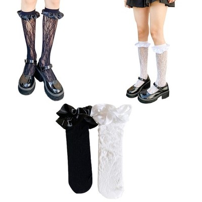 Women Full Lace Knee High Socks Sweet Girls Satin Ruffled Trim Stockings