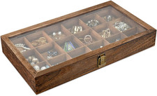 Wooden Jewelry Display Box 18 Compartments Beads Storage Case Glass Lid Brown