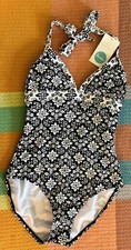 NEW NWT Boden US 4 Halter Swim Suit 1 Piece Black Floral Geometric Lined