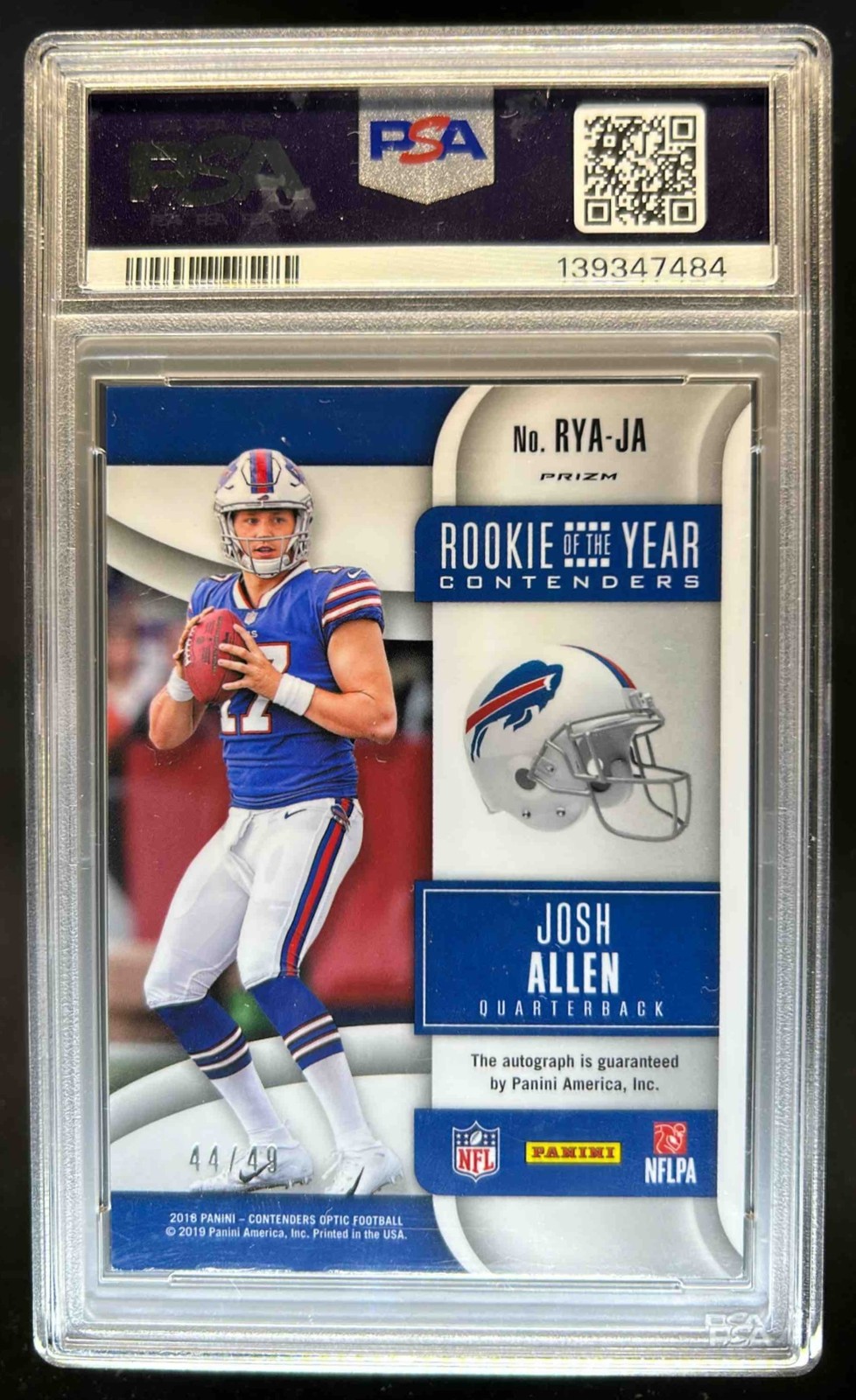 2018 Contenders Optic Josh Allen Purple Rookie Of The Year Auto #/49 PSA Auth 9 view 2