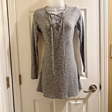 New Boohoo Dress Size 4/small gray swing skater lace up v-neck sweater knit soft