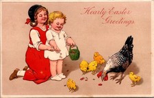 Hearty Easter Greetings Embossed Postcard Chicks and Children PFB Germany 1910