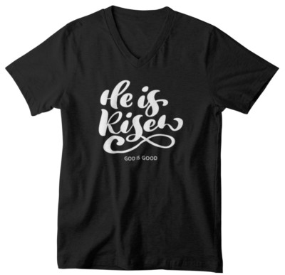 Mens V-neck He is Risen God is Good Easter Shirt Christian Faith Tee Spring
