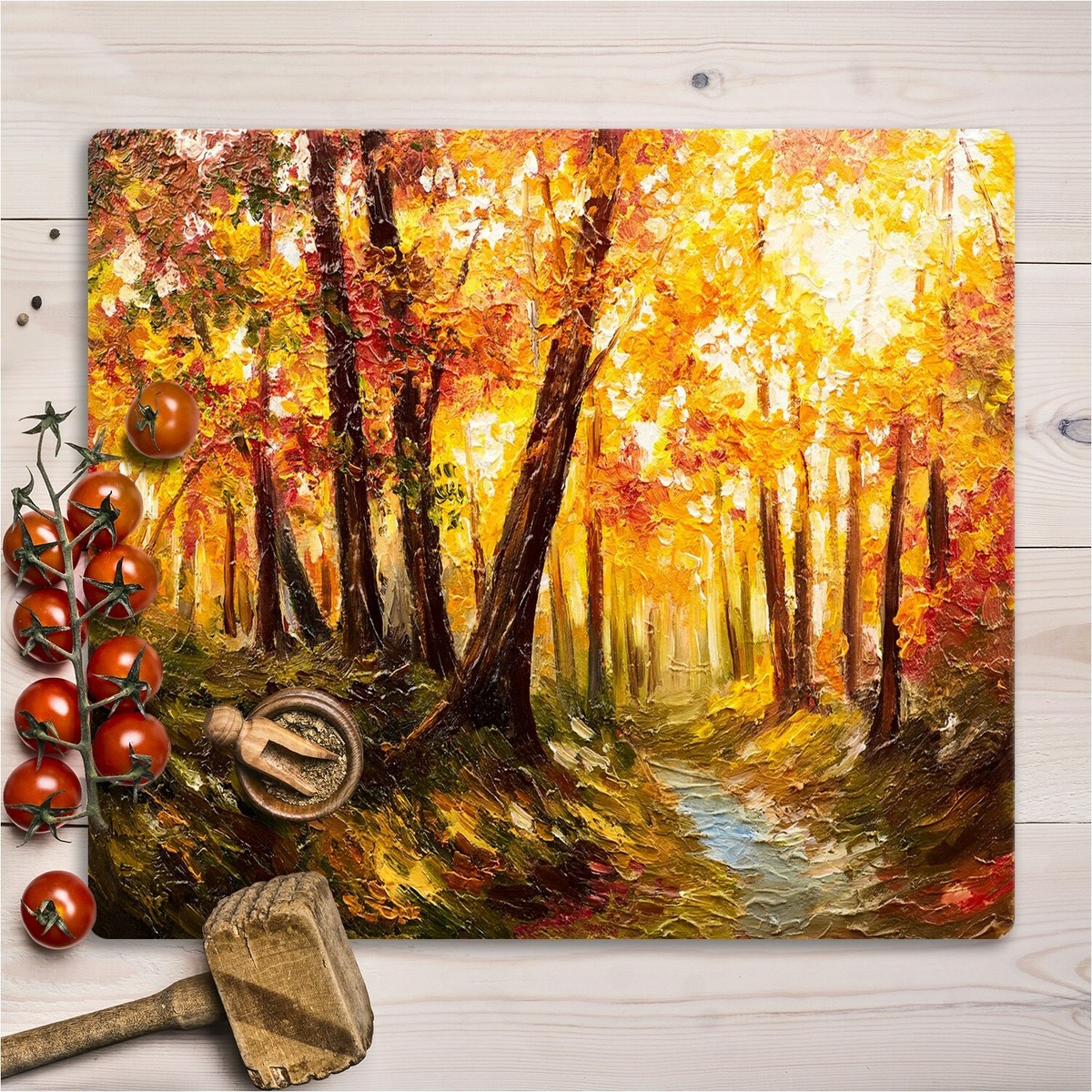 Planche à Découper En Verre Trempé Coloray - Motif Peinture Forêt D'automne - 60x52 Cm - Multifonction