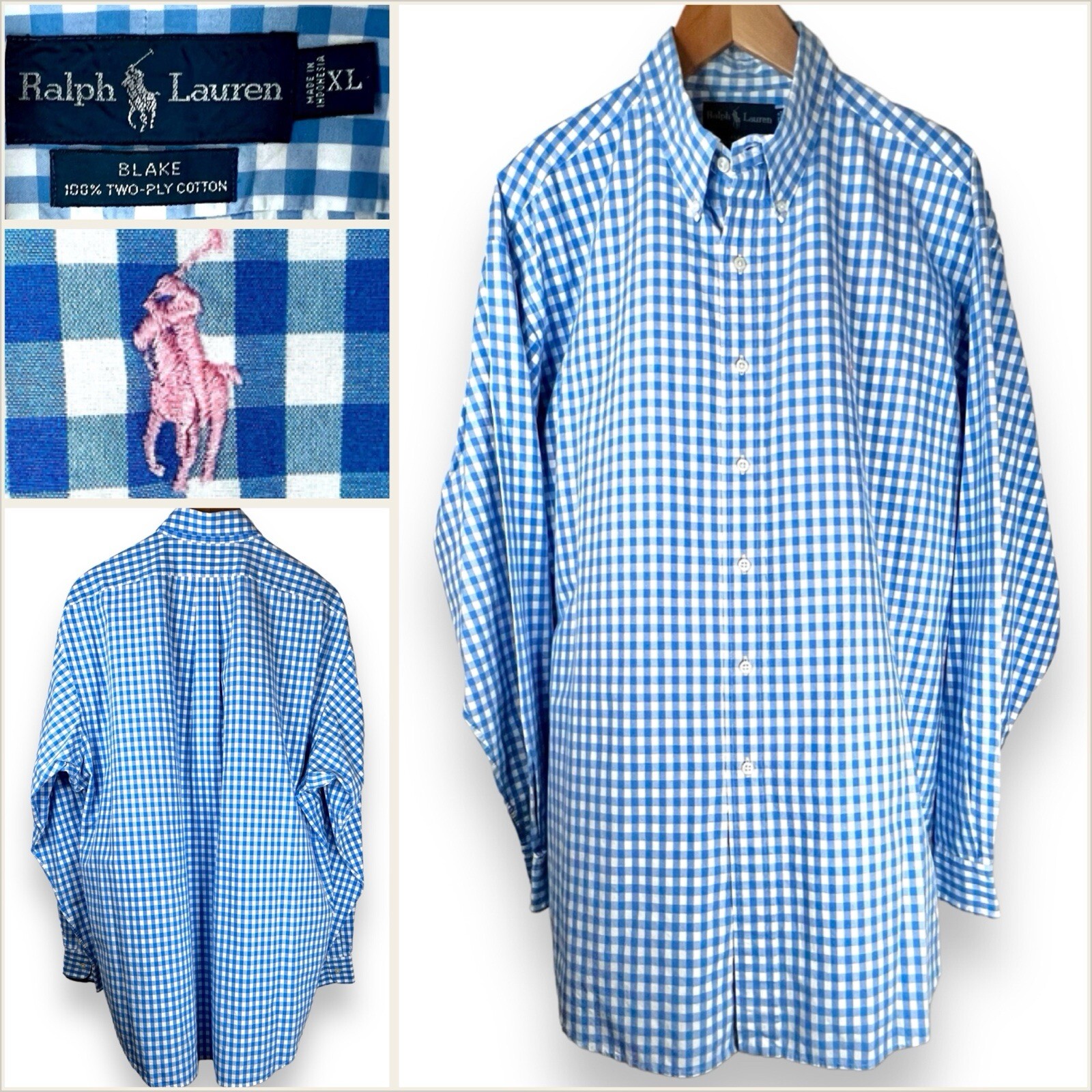 Polo Ralph Lauren Blake XL Gingham Rosa Pony Logo Cotone Cotone Blu