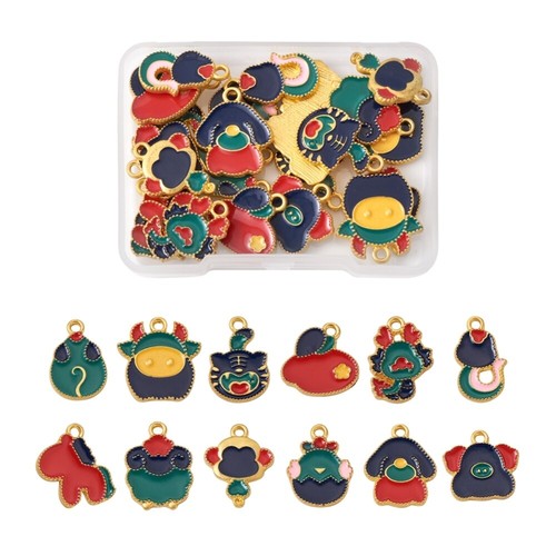 24pcs Zodiac Signs Alloy Enamel Pendants Chinese Zodiac Dangle Charms 16~20mm