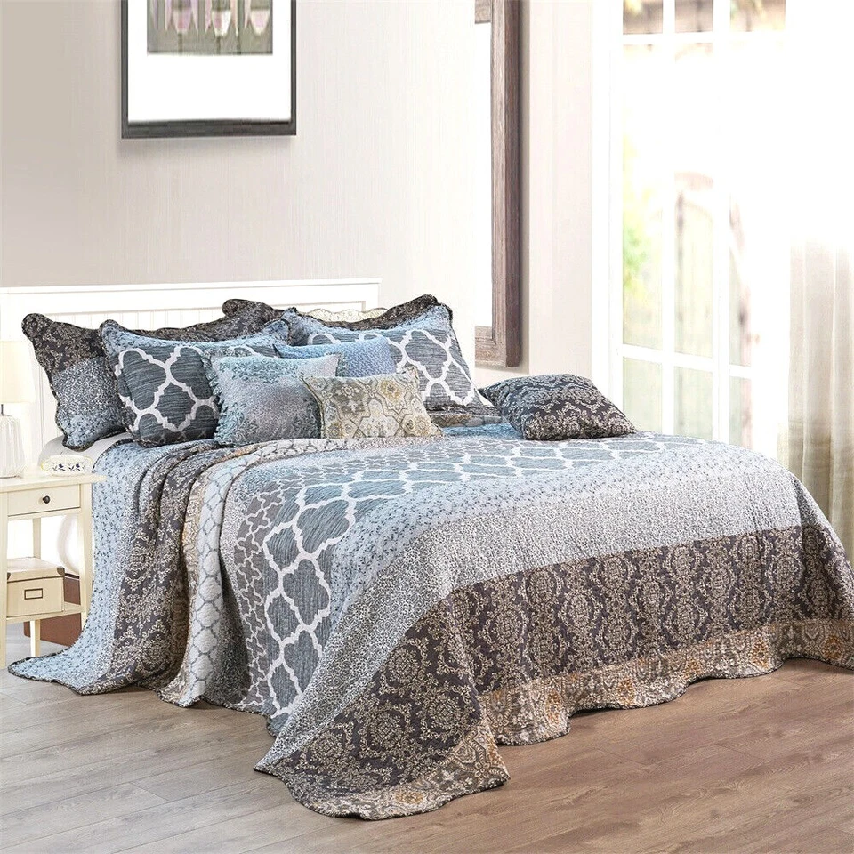 9-Piece Reversible Printed Striped Bedspread Set – Oversized Bedding for King - Image 3 of 4