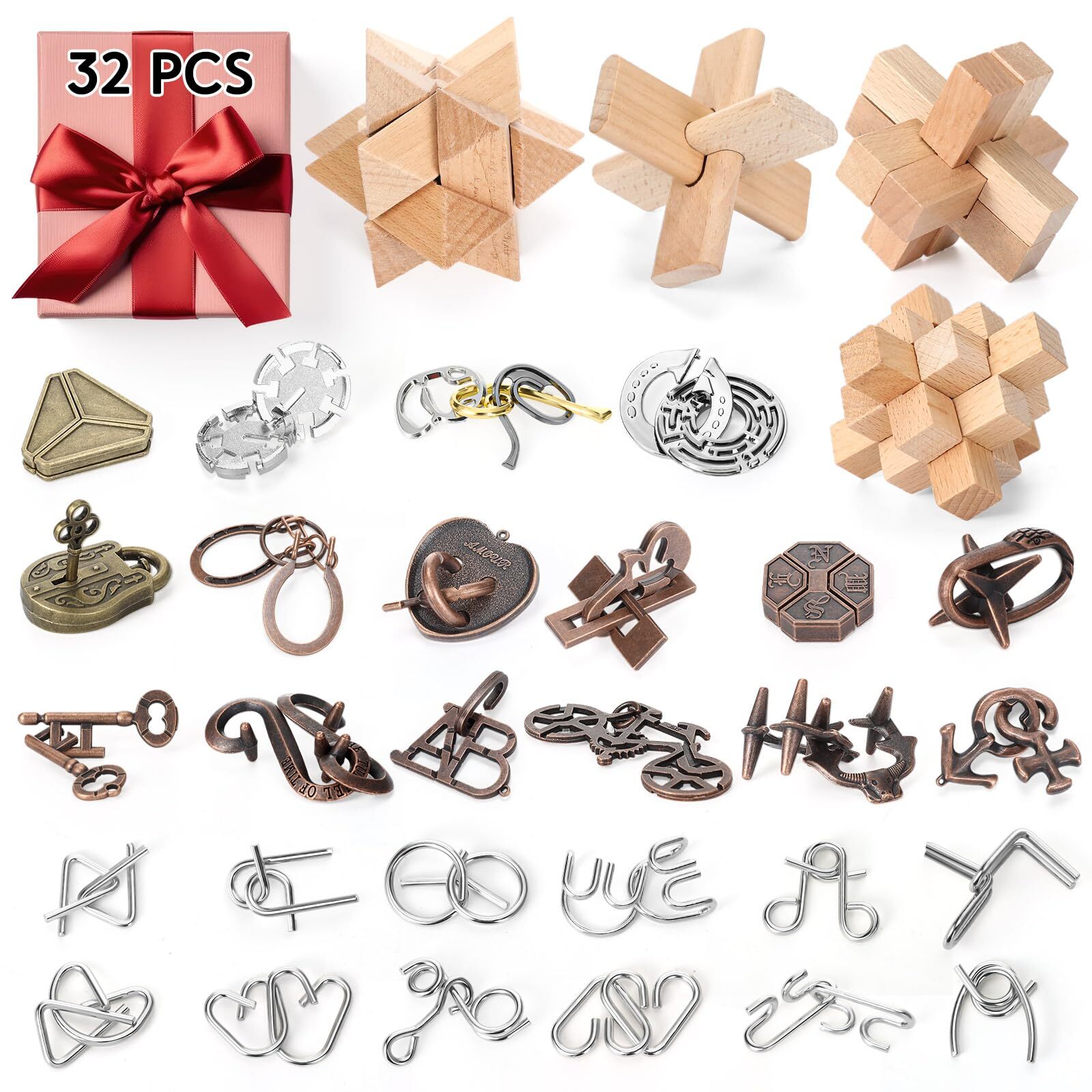 Seenelling 32 Pcs Brain Teaser Puzzles Wooden and Metal Cast 3D Unlock Interl...