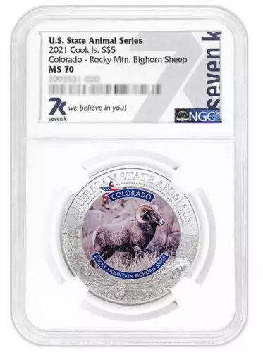 2021 COOK ISLANDS COLORADO BIGHORN SHEEP NGC MS70 AMERICAN STATE ANIMALS 1 OZ SI